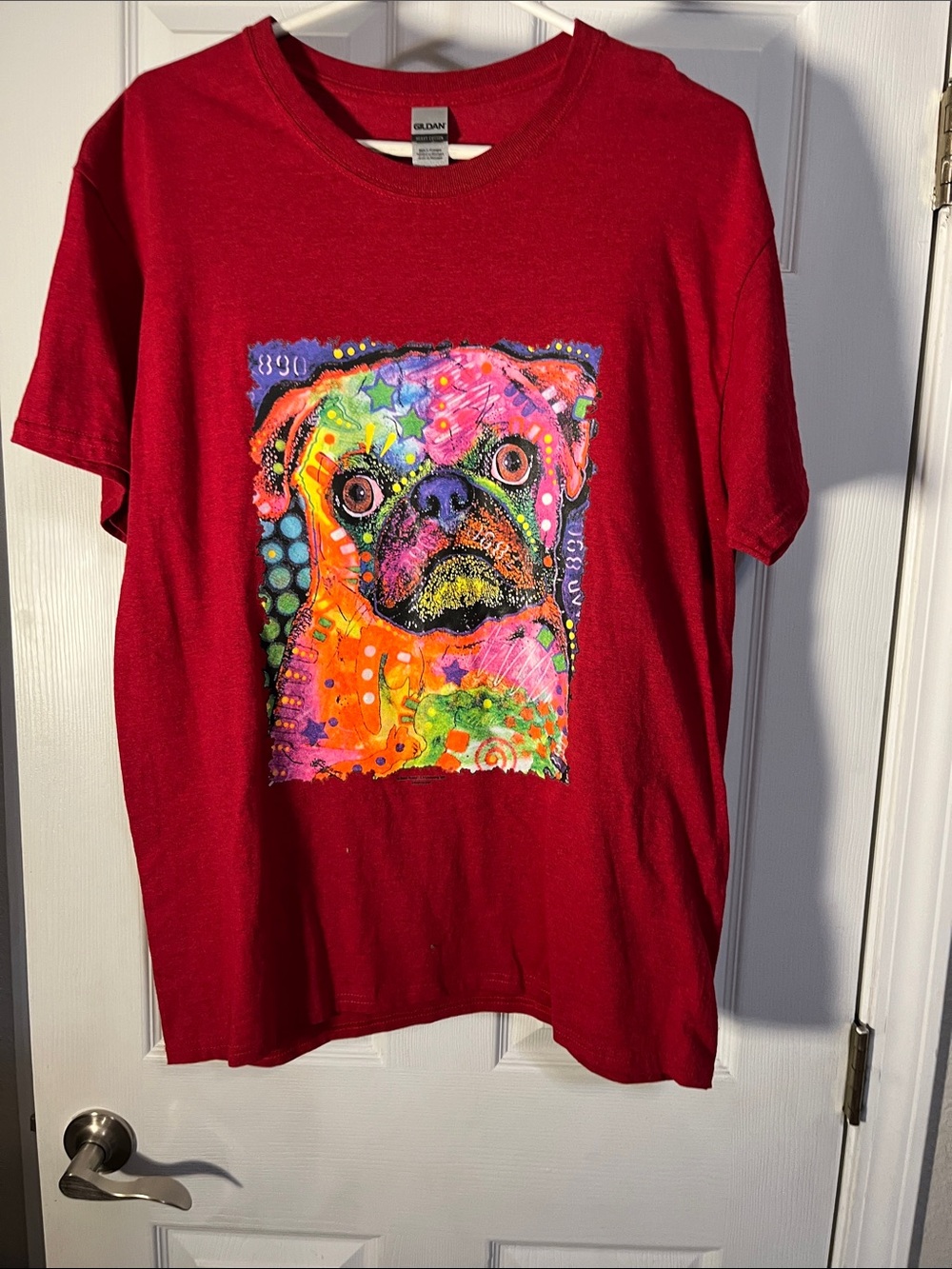 Gildan Red T-Shirt with Vibrant Multicolor Pug Art